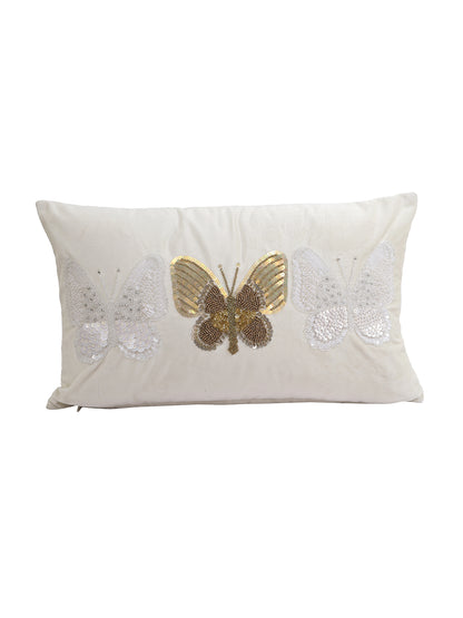 Eyda Set of 2 Velvet Cream Emroidered Cushion Cover 12x20 inch