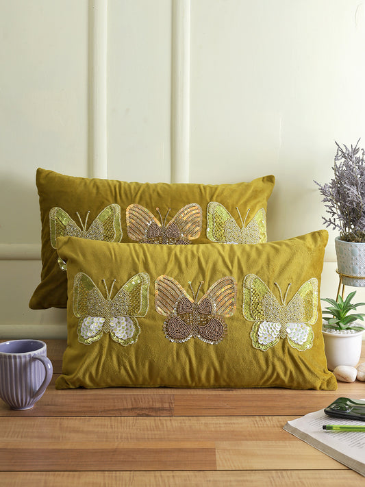 Eyda Set of 2 Velvet Olive Green Emroidered Cushion Cover 12x20 inch