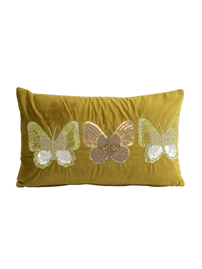 Eyda Set of 2 Velvet Olive Green Emroidered Cushion Cover 12x20 inch