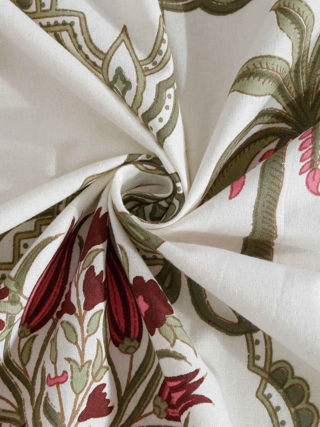 Rajasthan Decor White and Green Cotton Abstract Print King Bed sheet with 2 Pillow Covers