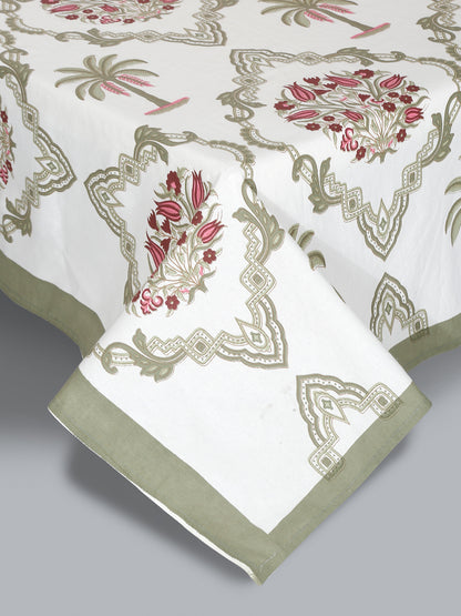 Rajasthan Decor White and Green Cotton Abstract Print King Bed sheet with 2 Pillow Covers