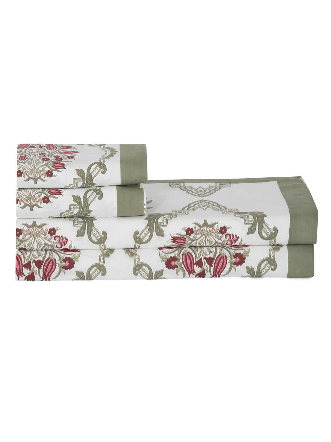 Rajasthan Decor White and Green Cotton Abstract Print King Bed sheet with 2 Pillow Covers