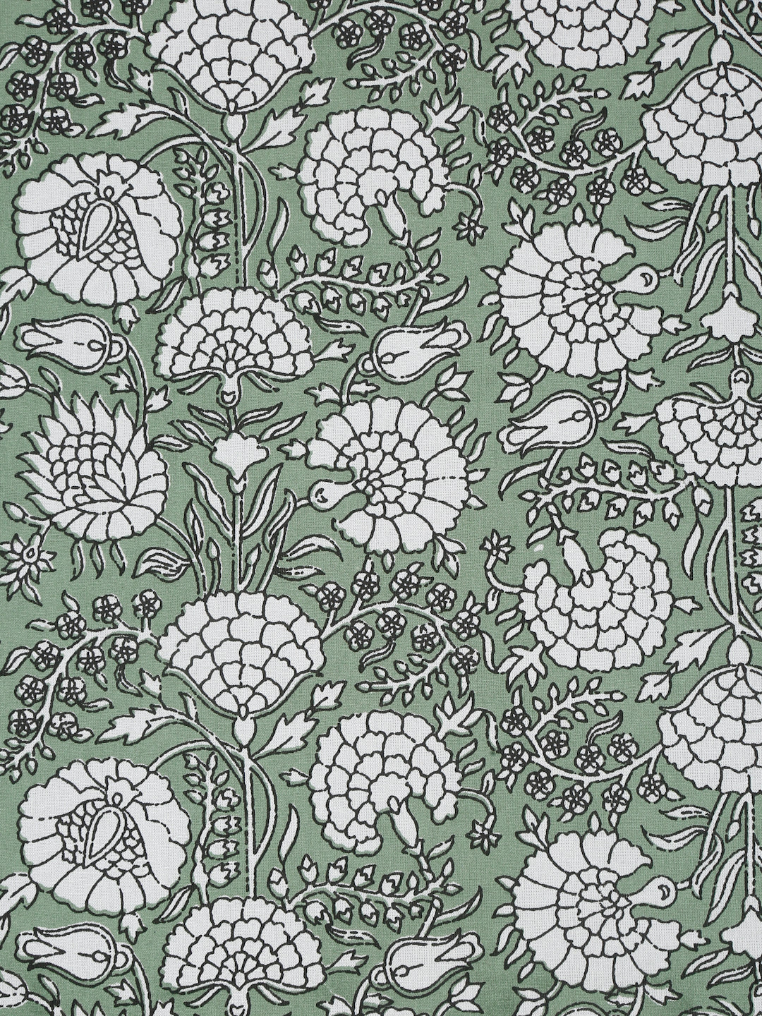 Rajasthan Decor White and Green Cotton Flower Print King Bed sheet with 2 Pillow Covers