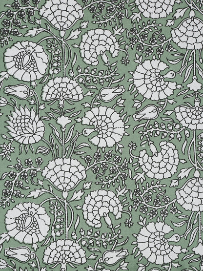 Rajasthan Decor White and Green Cotton Flower Print King Bed sheet with 2 Pillow Covers