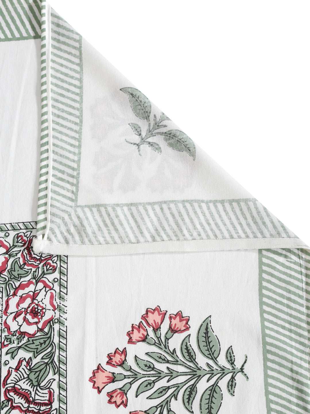 Rajasthan Decor White and Green Cotton Flower Print King Bed sheet with 2 Pillow Covers