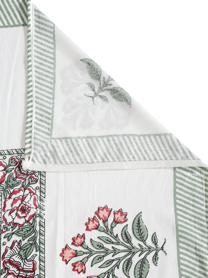 Rajasthan Decor White and Green Cotton Flower Print King Bed sheet with 2 Pillow Covers