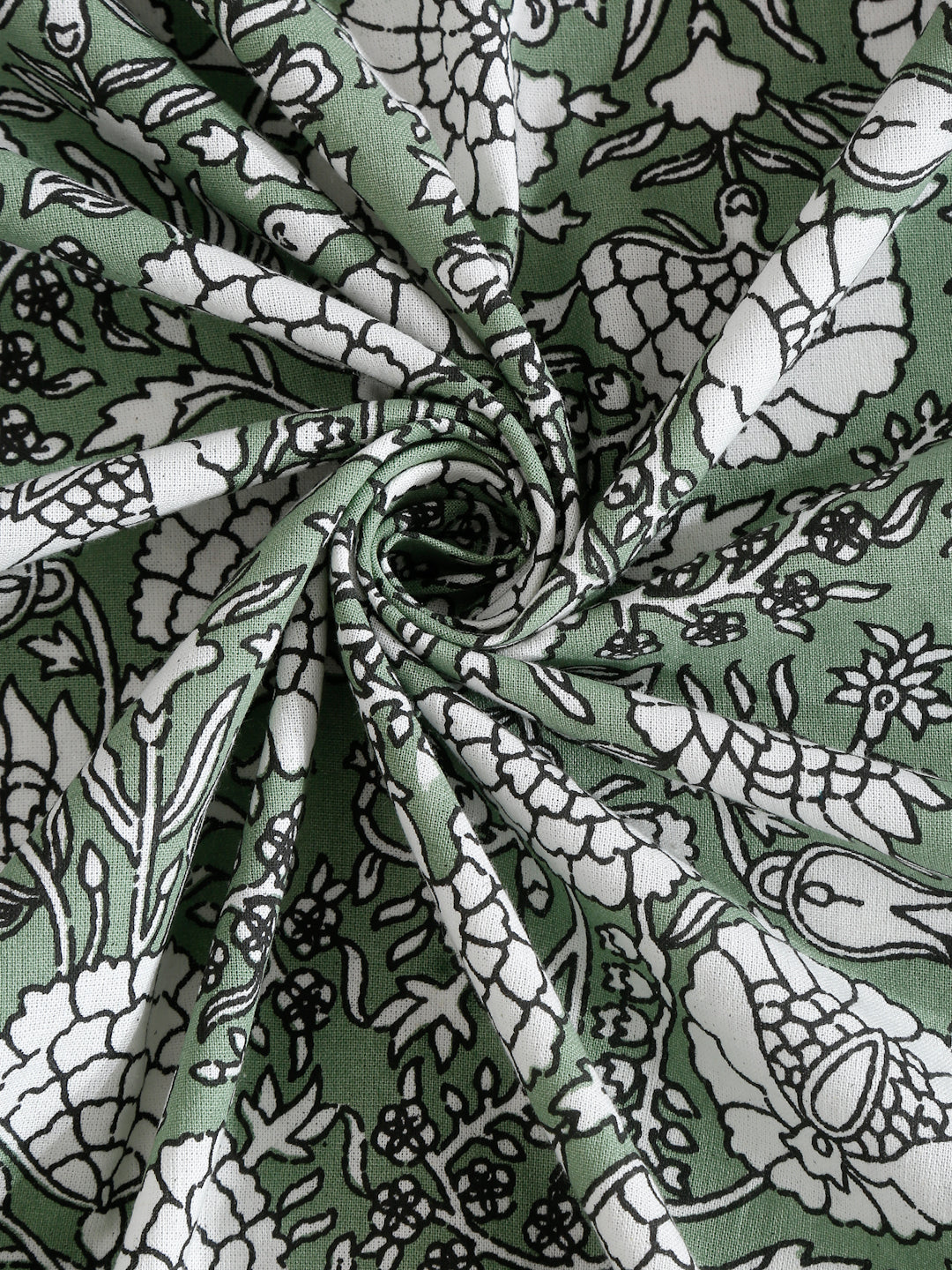 Rajasthan Decor White and Green Cotton Flower Print King Bed sheet with 2 Pillow Covers