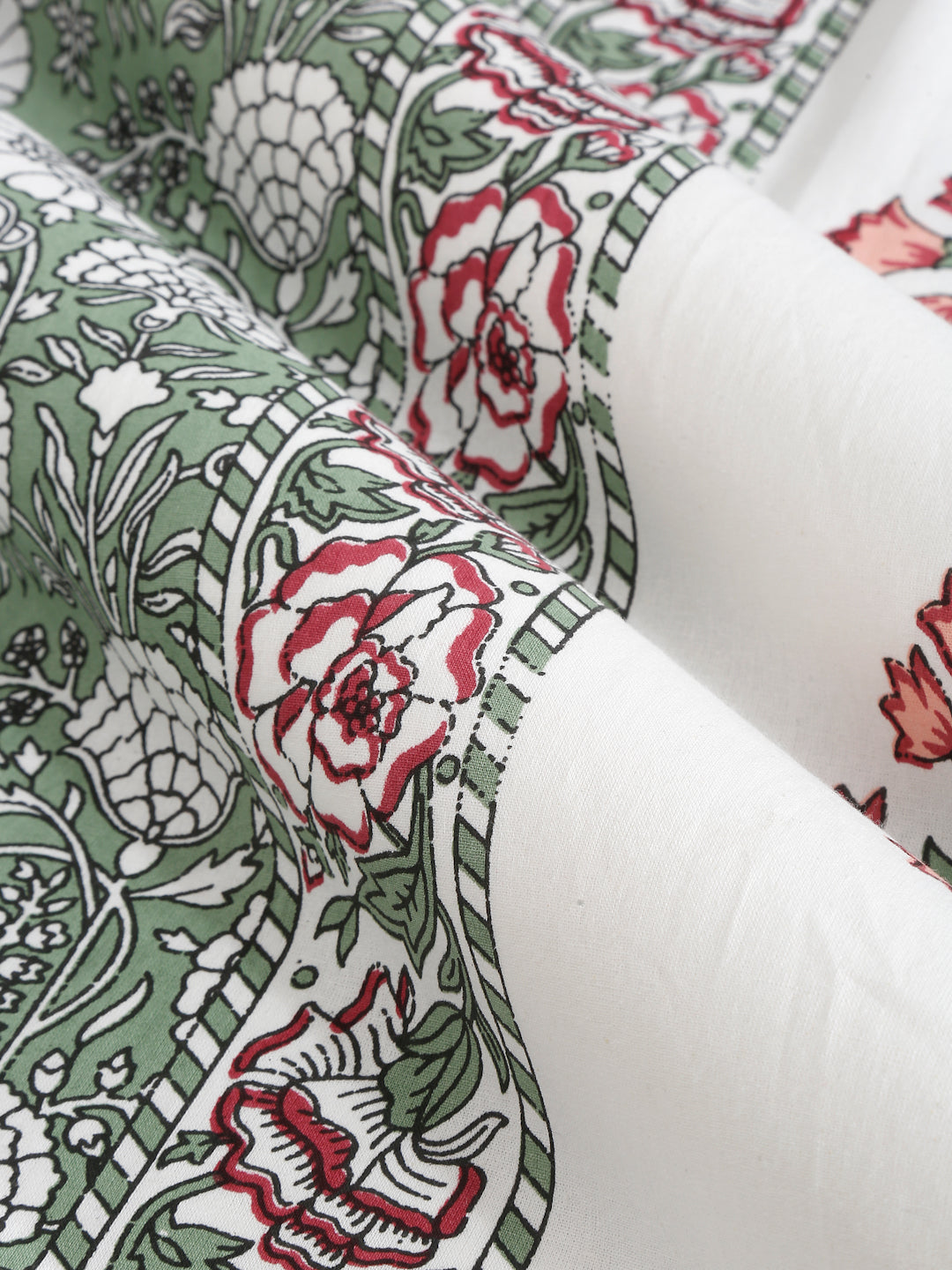 Rajasthan Decor White and Green Cotton Flower Print King Bed sheet with 2 Pillow Covers