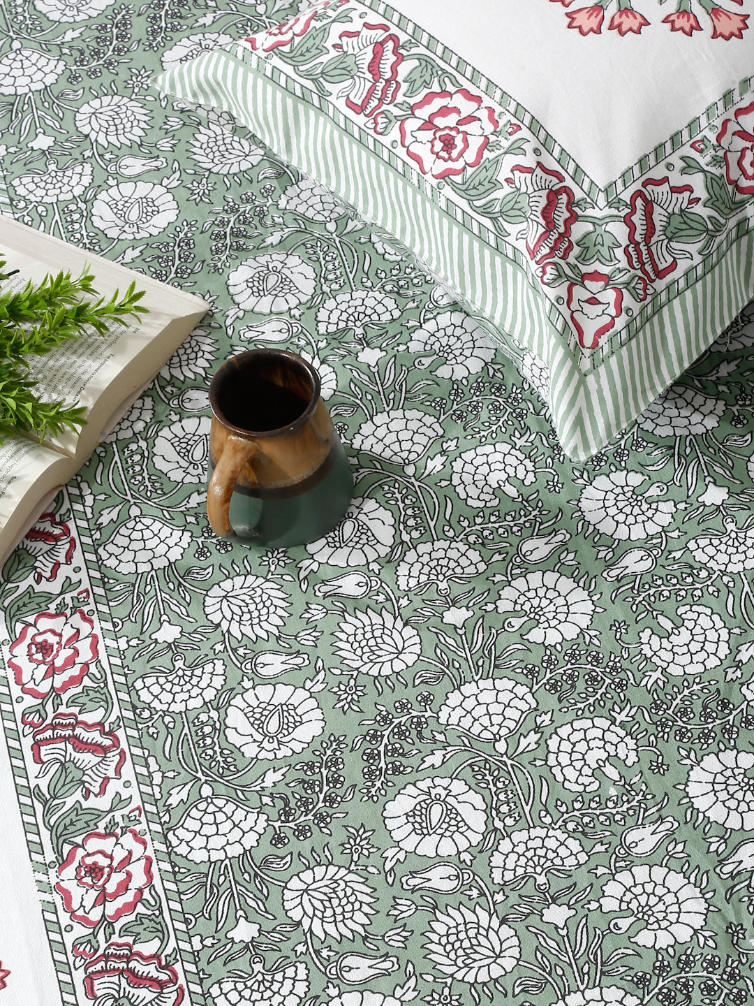 Rajasthan Decor White and Green Cotton Flower Print King Bed sheet with 2 Pillow Covers