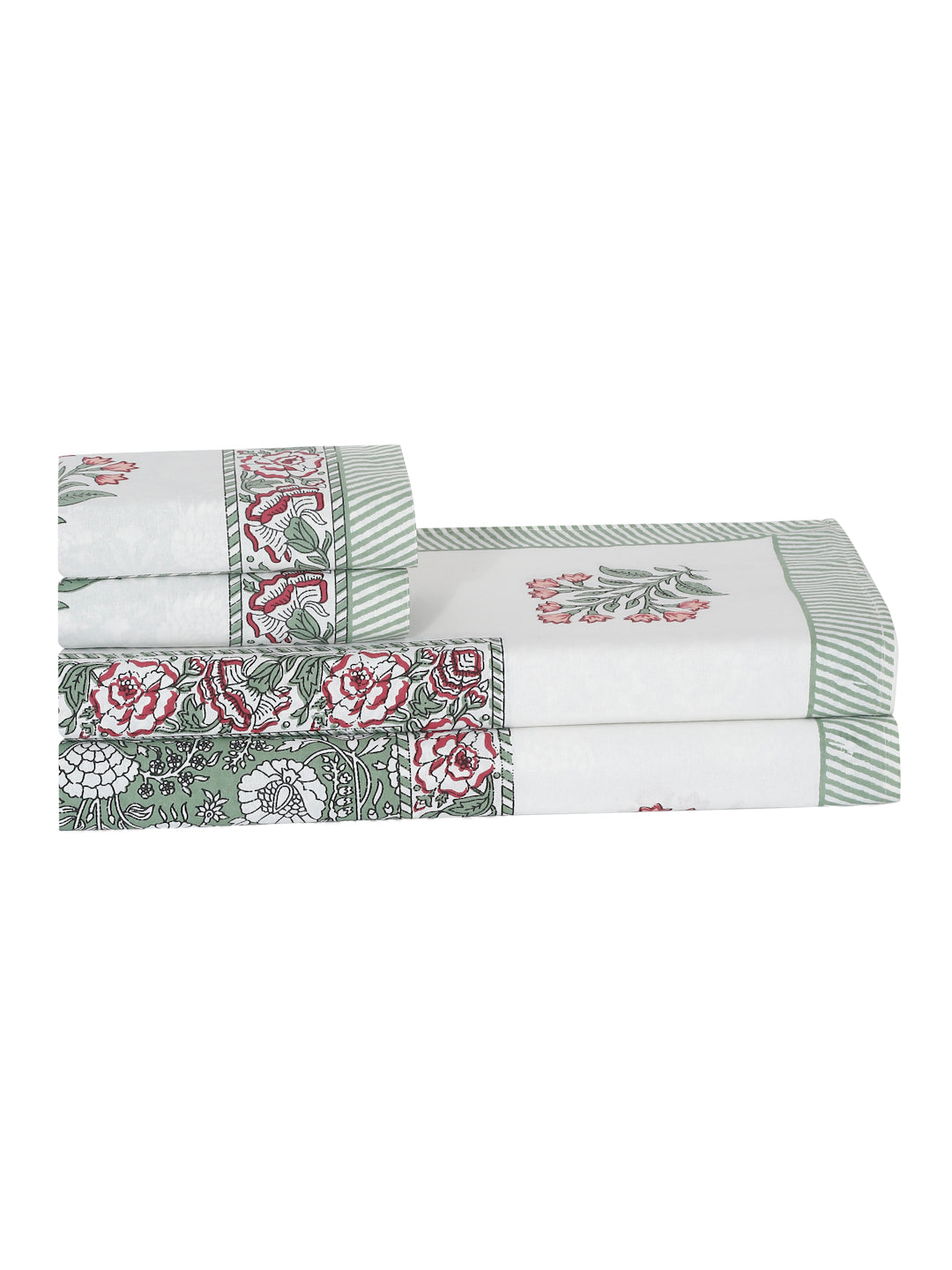 Rajasthan Decor White and Green Cotton Flower Print King Bed sheet with 2 Pillow Covers