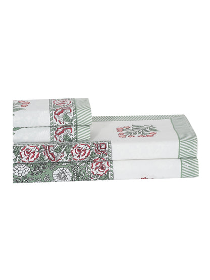 Rajasthan Decor White and Green Cotton Flower Print King Bed sheet with 2 Pillow Covers