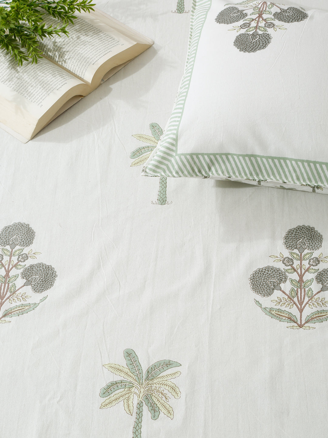 Rajasthan Decor White and Green Cotton Flower Print King Bed sheet with 2 Pillow Covers