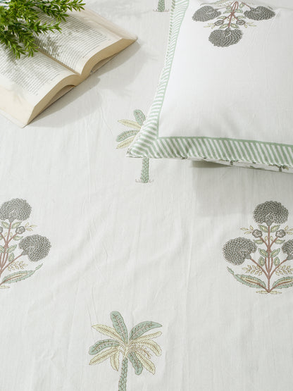 Rajasthan Decor White and Green Cotton Flower Print King Bed sheet with 2 Pillow Covers