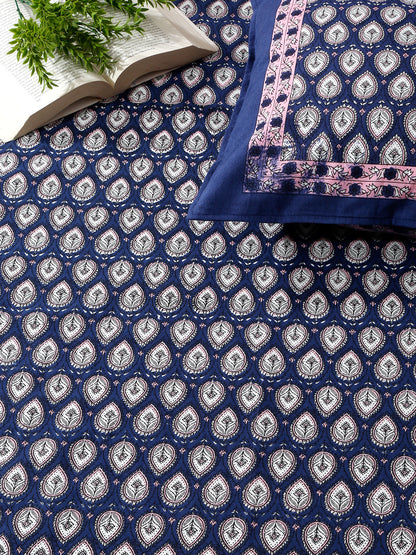 Rajasthan Decor Blue And pink Cotton Buti Print King Bed sheet with 2 Pillow Covers