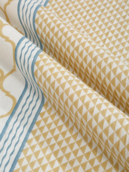 Rajasthan Decor White and Yellow   Geometric Print cotton King Bed sheet with 2 Pillow Covers