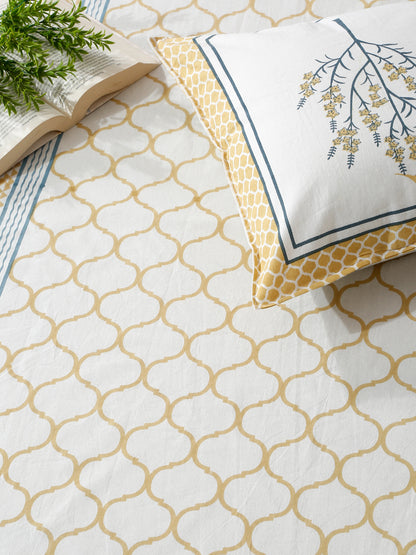 Rajasthan Decor White and Yellow   Geometric Print cotton King Bed sheet with 2 Pillow Covers