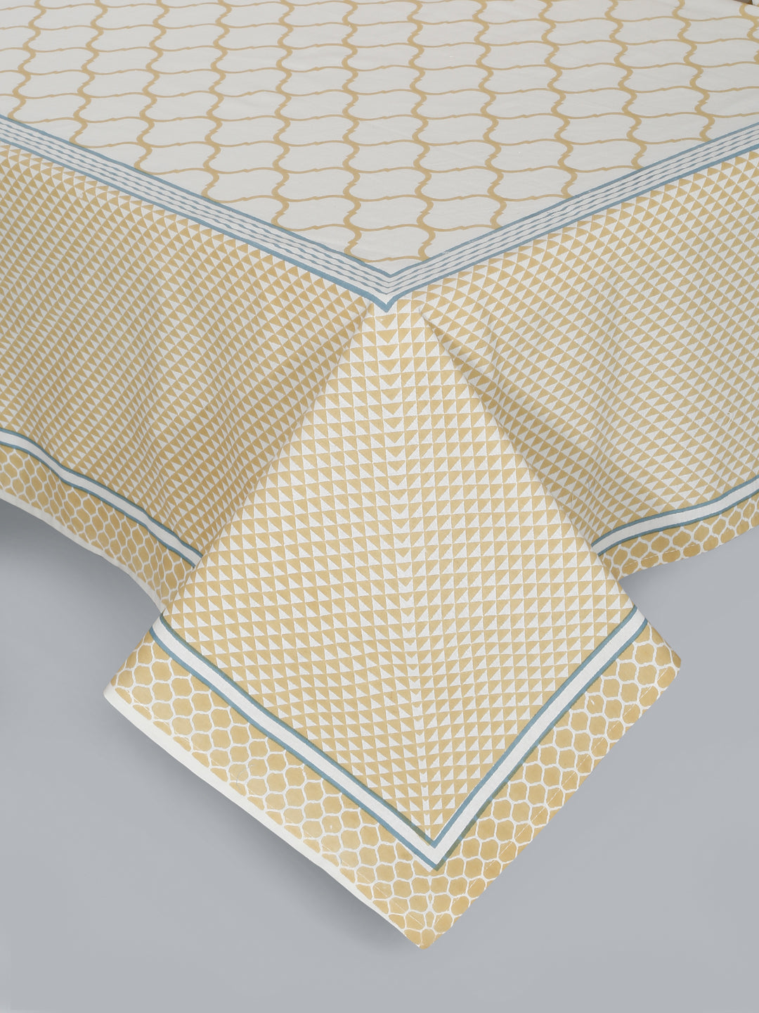 Rajasthan Decor White and Yellow   Geometric Print cotton King Bed sheet with 2 Pillow Covers