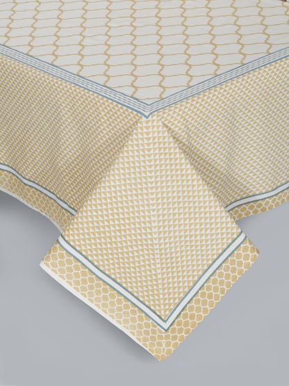 Rajasthan Decor White and Yellow   Geometric Print cotton King Bed sheet with 2 Pillow Covers