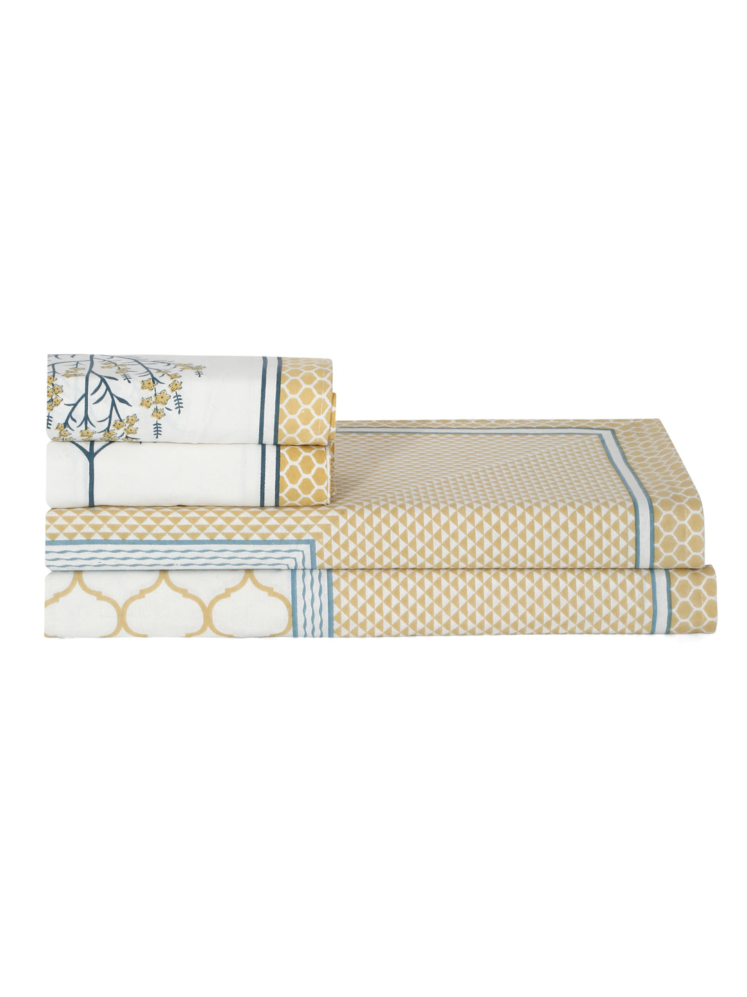 Rajasthan Decor White and Yellow   Geometric Print cotton King Bed sheet with 2 Pillow Covers