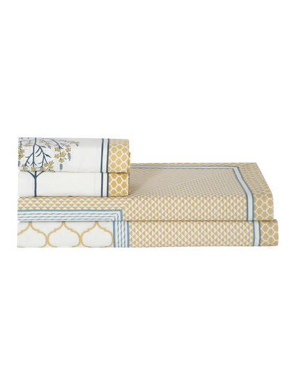 Rajasthan Decor White and Yellow   Geometric Print cotton King Bed sheet with 2 Pillow Covers