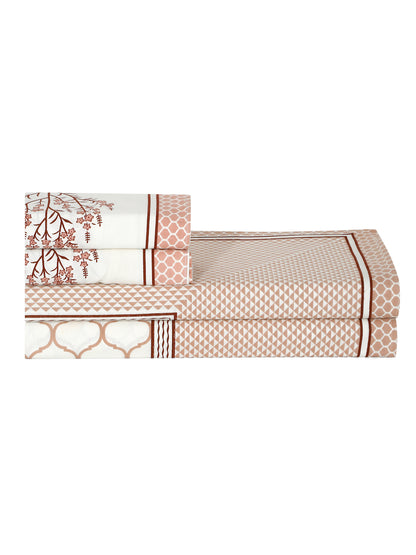 Rajasthan Decor White and Pink  Geometric  Print Cotton  King Bed sheet with 2 Pillow Covers