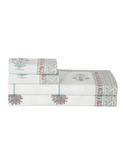 Rajasthan Decor White  and Pink Cotton Mughal  Pattren  King Bed sheet with 2 Pillow Covers (Copy)