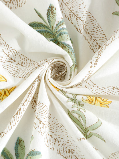 Rajasthan Decor White and Green Cotton Flower Print King Bed sheet with 2 Pillow Covers