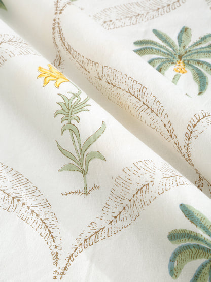 Rajasthan Decor White and Green Cotton Flower Print King Bed sheet with 2 Pillow Covers