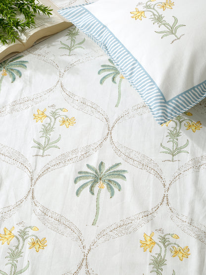 Rajasthan Decor White and Green Cotton Flower Print King Bed sheet with 2 Pillow Covers