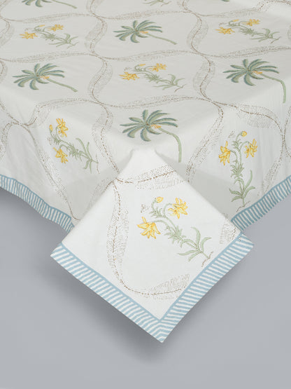 Rajasthan Decor White and Green Cotton Flower Print King Bed sheet with 2 Pillow Covers