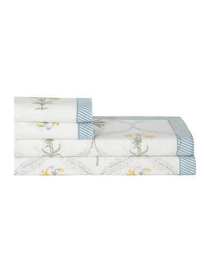 Rajasthan Decor White and Green Cotton Flower Print King Bed sheet with 2 Pillow Covers