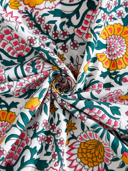 Rajasthan Decor White and Yellow  Cotton Flower Print King Bed sheet with 2 Pillow Covers (Copy)