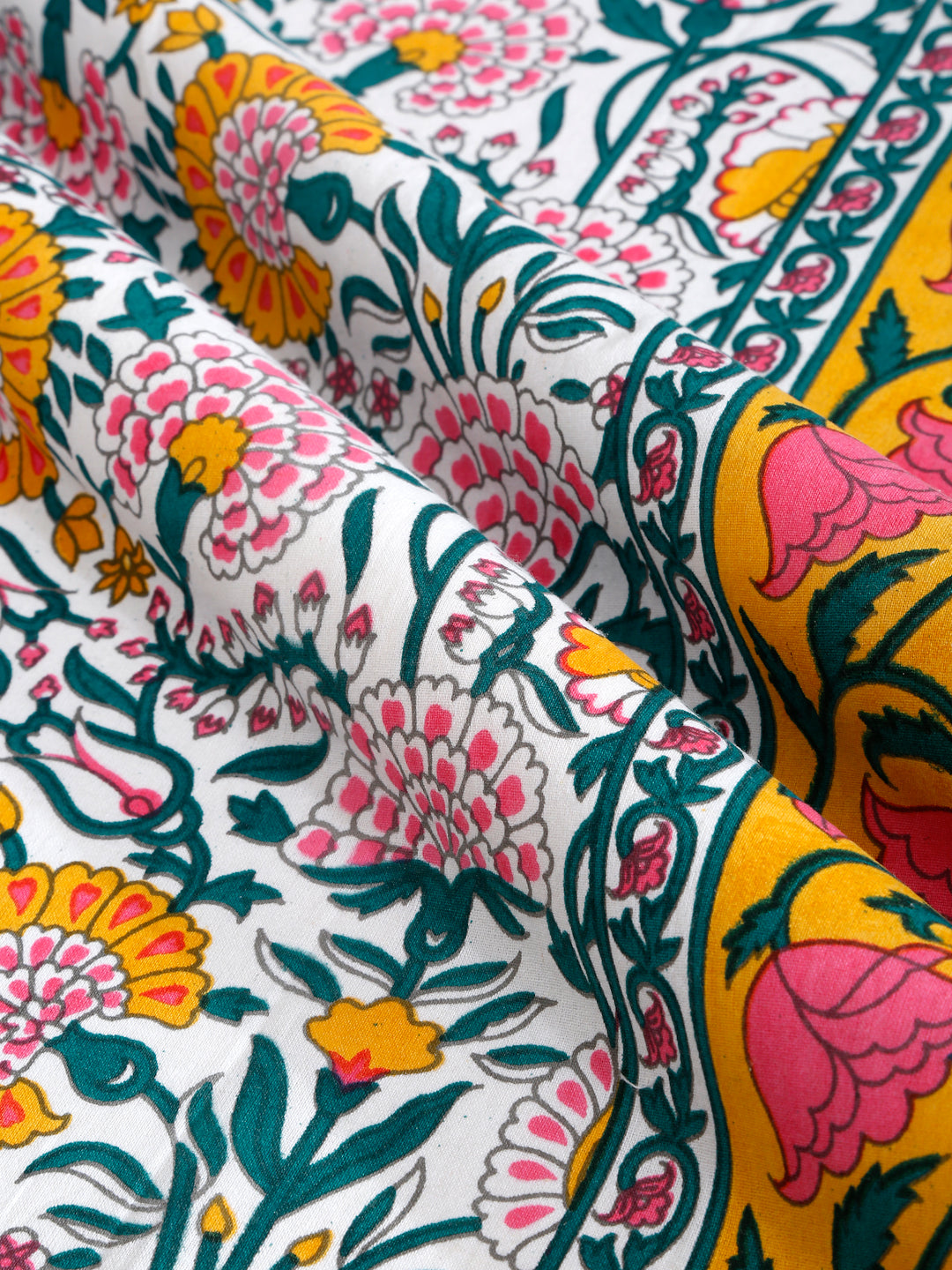 Rajasthan Decor White and Yellow  Cotton Flower Print King Bed sheet with 2 Pillow Covers (Copy)
