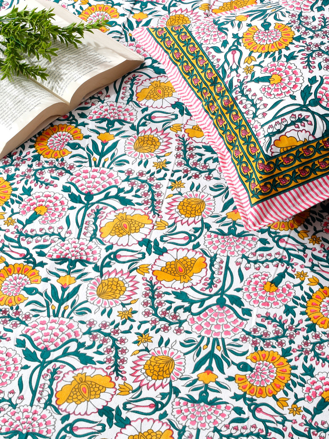 Rajasthan Decor White and Yellow  Cotton Flower Print King Bed sheet with 2 Pillow Covers (Copy)