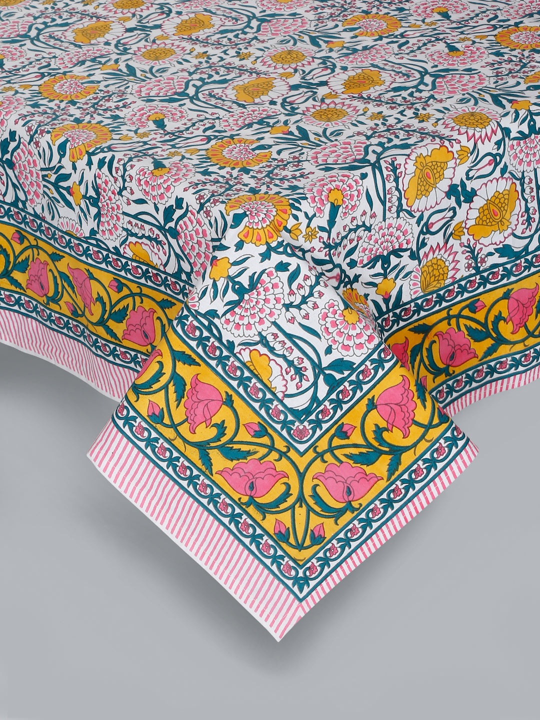 Rajasthan Decor White and Yellow  Cotton Flower Print King Bed sheet with 2 Pillow Covers (Copy)