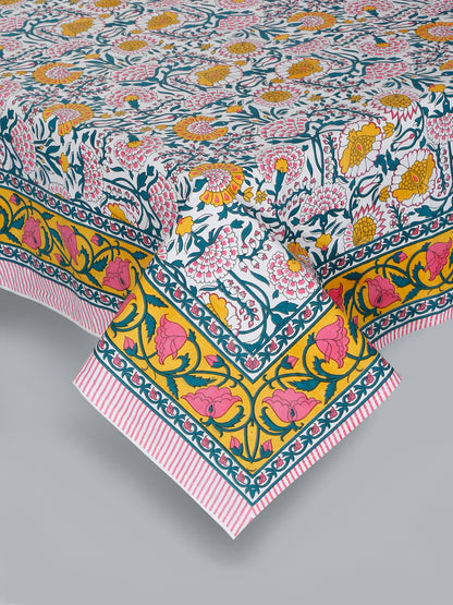 Rajasthan Decor White and Yellow  Cotton Flower Print King Bed sheet with 2 Pillow Covers (Copy)