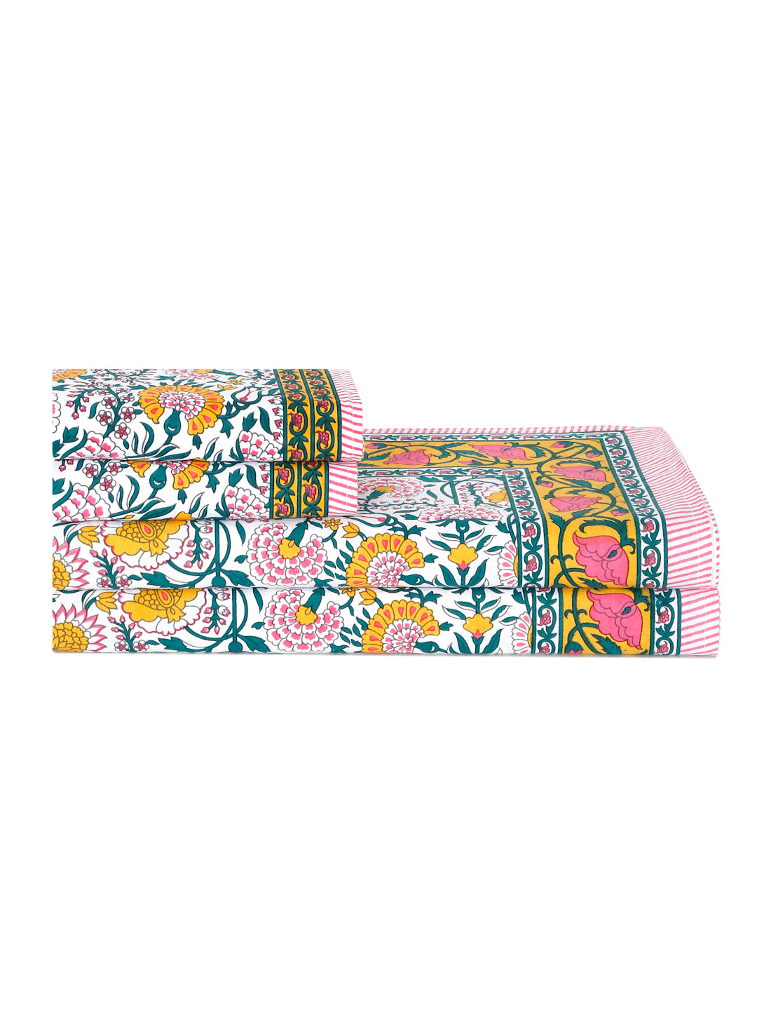 Rajasthan Decor White and Yellow  Cotton Flower Print King Bed sheet with 2 Pillow Covers (Copy)