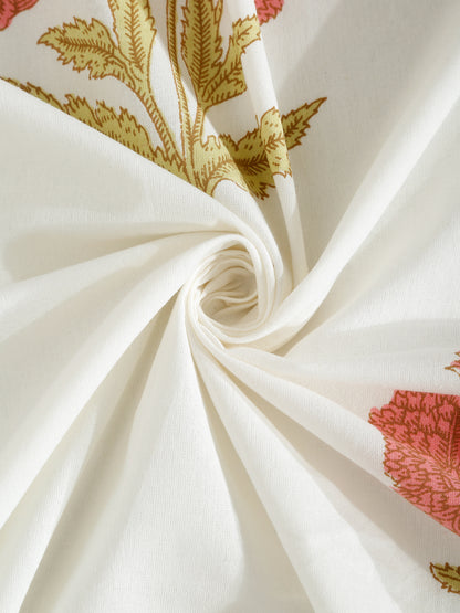 Rajasthan Decor White and Peach  Cotton Flower Print King Bed sheet with 2 Pillow Covers
