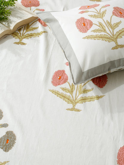 Rajasthan Decor White and Peach  Cotton Flower Print King Bed sheet with 2 Pillow Covers