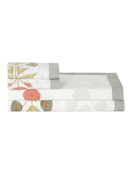 Rajasthan Decor White and Peach  Cotton Flower Print King Bed sheet with 2 Pillow Covers