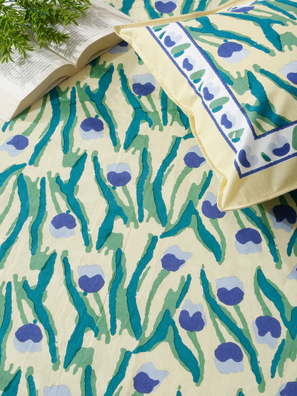 Rajasthan Decor Lemon  and Green  Cotton Tulip Print King Bed sheet with 2 Pillow Covers