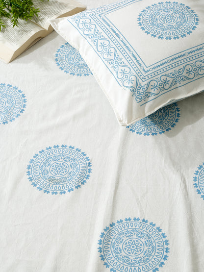 Rajasthan Decor White and Blue  Cotton animal Khadi Print King Bed sheet with 2 Pillow Covers