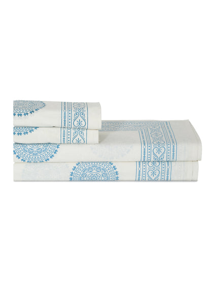 Rajasthan Decor White and Blue  Cotton animal Khadi Print King Bed sheet with 2 Pillow Covers