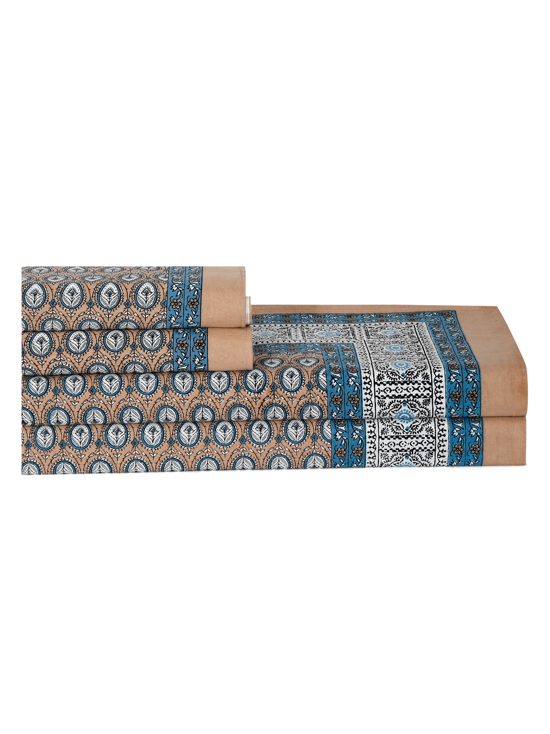Rajasthan Decor Blue And Brown  Cotton Buti Print King Bed sheet with 2 Pillow Covers