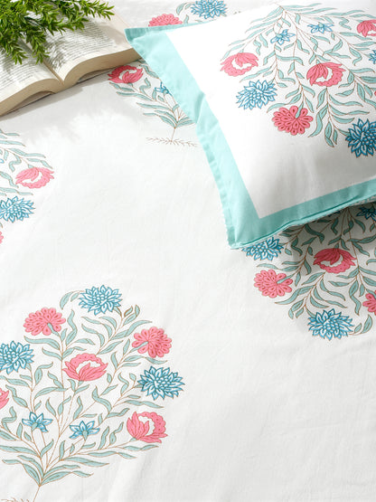 Rajasthan Decor White  and Green  Cotton Buta Print King Bed sheet with 2 Pillow Covers