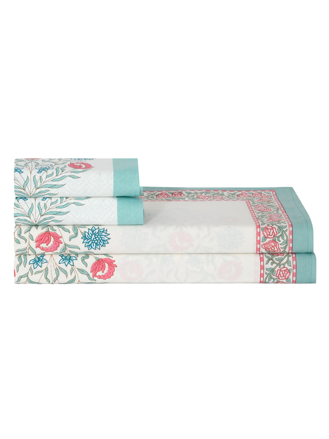 Rajasthan Decor White  and Green  Cotton Buta Print King Bed sheet with 2 Pillow Covers