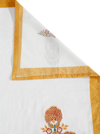 Rajasthan Decor White  and Yellow Cotton Mughal Print King Bed sheet with 2 Pillow Covers