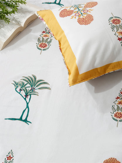 Rajasthan Decor White  and Yellow Cotton Mughal Print King Bed sheet with 2 Pillow Covers