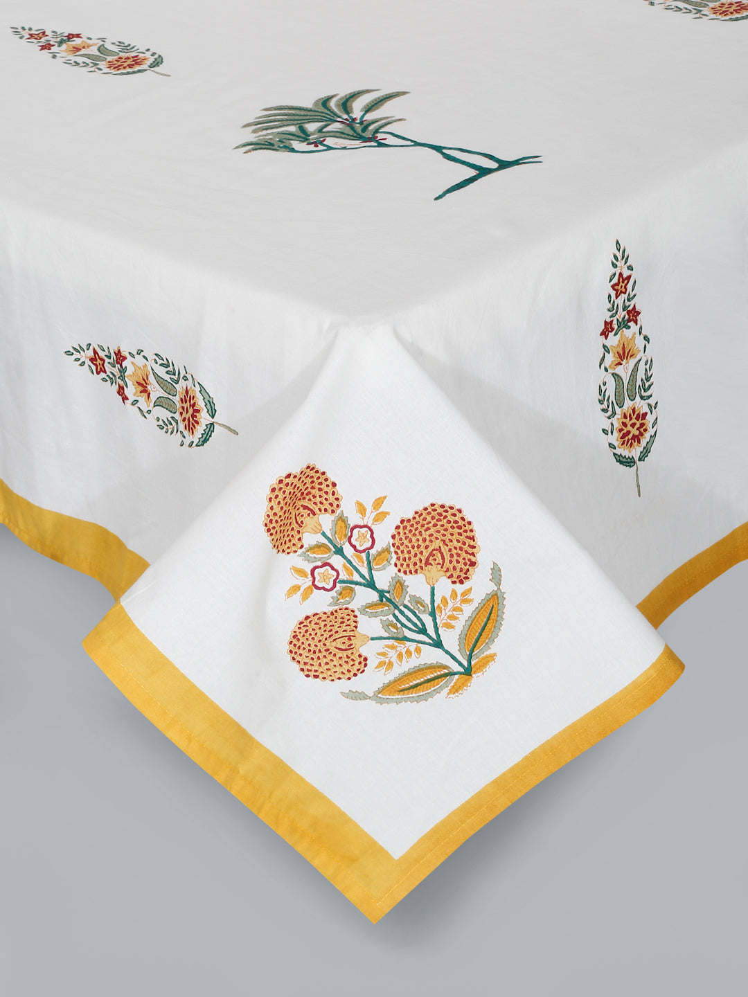 Rajasthan Decor White  and Yellow Cotton Mughal Print King Bed sheet with 2 Pillow Covers