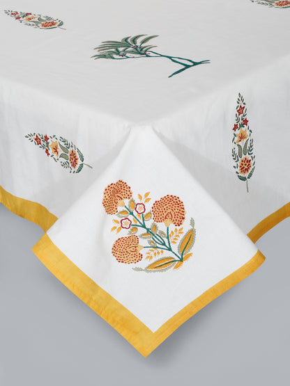 Rajasthan Decor White  and Yellow Cotton Mughal Print King Bed sheet with 2 Pillow Covers